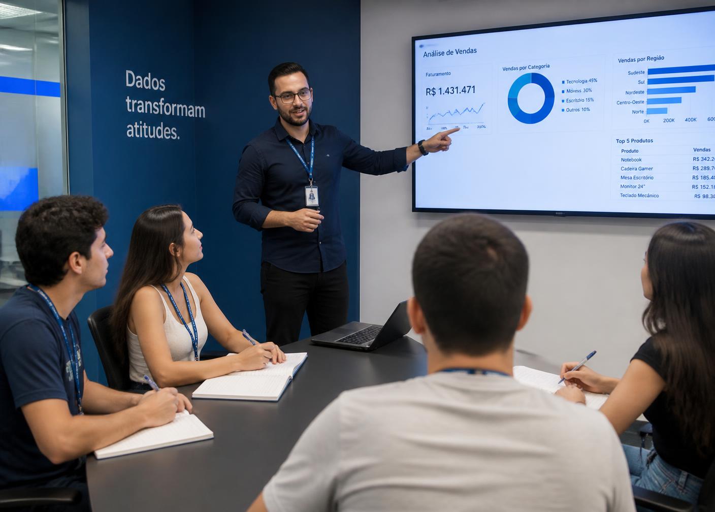 Mentor apresentando análise de dados para jovens participantes